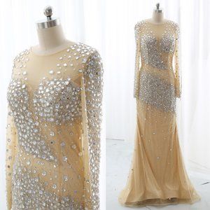 Carducci London Long Sleeve Gold Crystal Evening Gown Dress -  Size 4 only